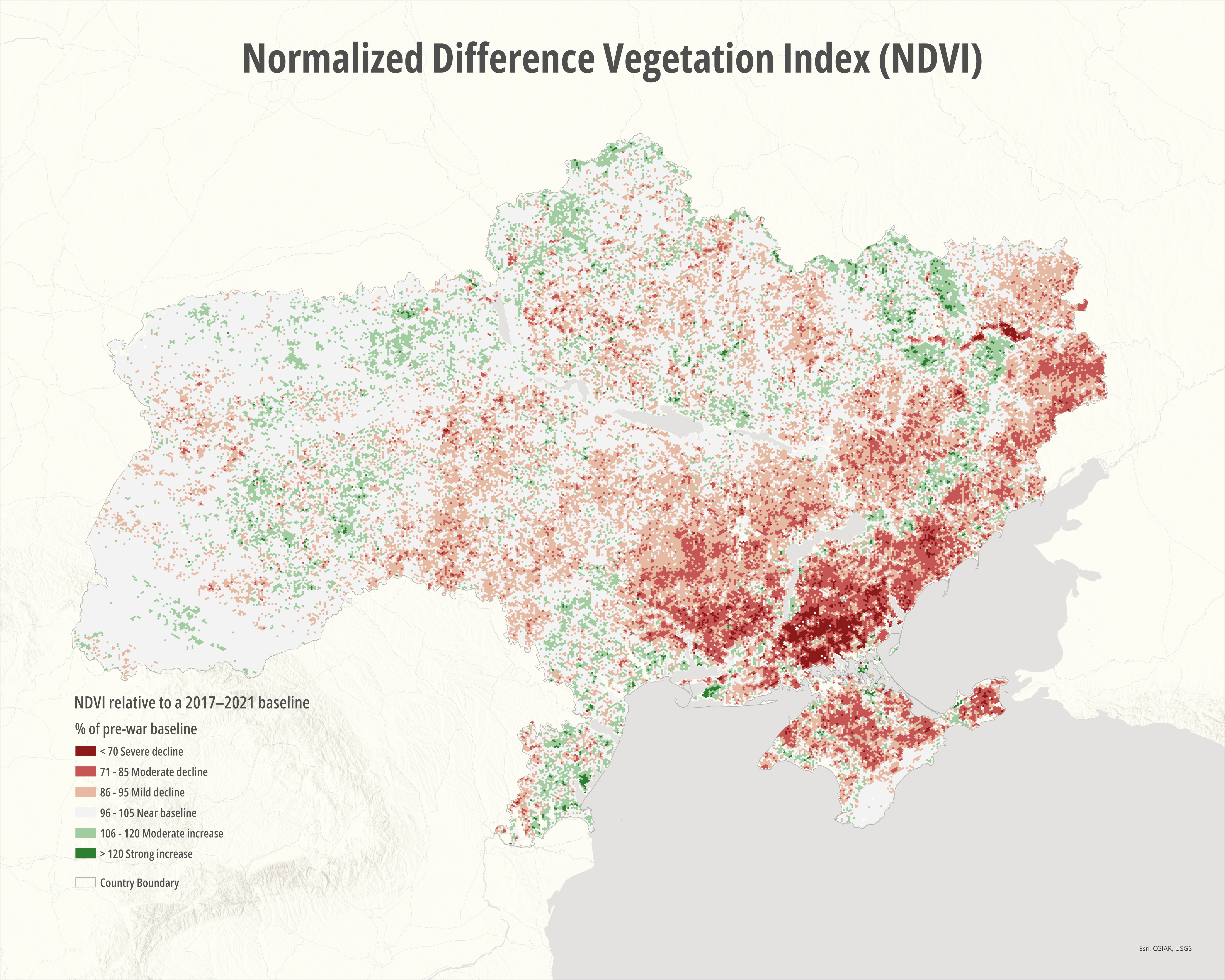 Fig 5 Vegetation conditions across Ukraine derived from satellite-based Normalized Difference Vegetation Index (NDVI) measurements. NDVI values represent vegetation productivity and land-surface conditions, with spatial variation reflecting agricultural activity, seasonal vegetation dynamics, and potential environmental disturbances.