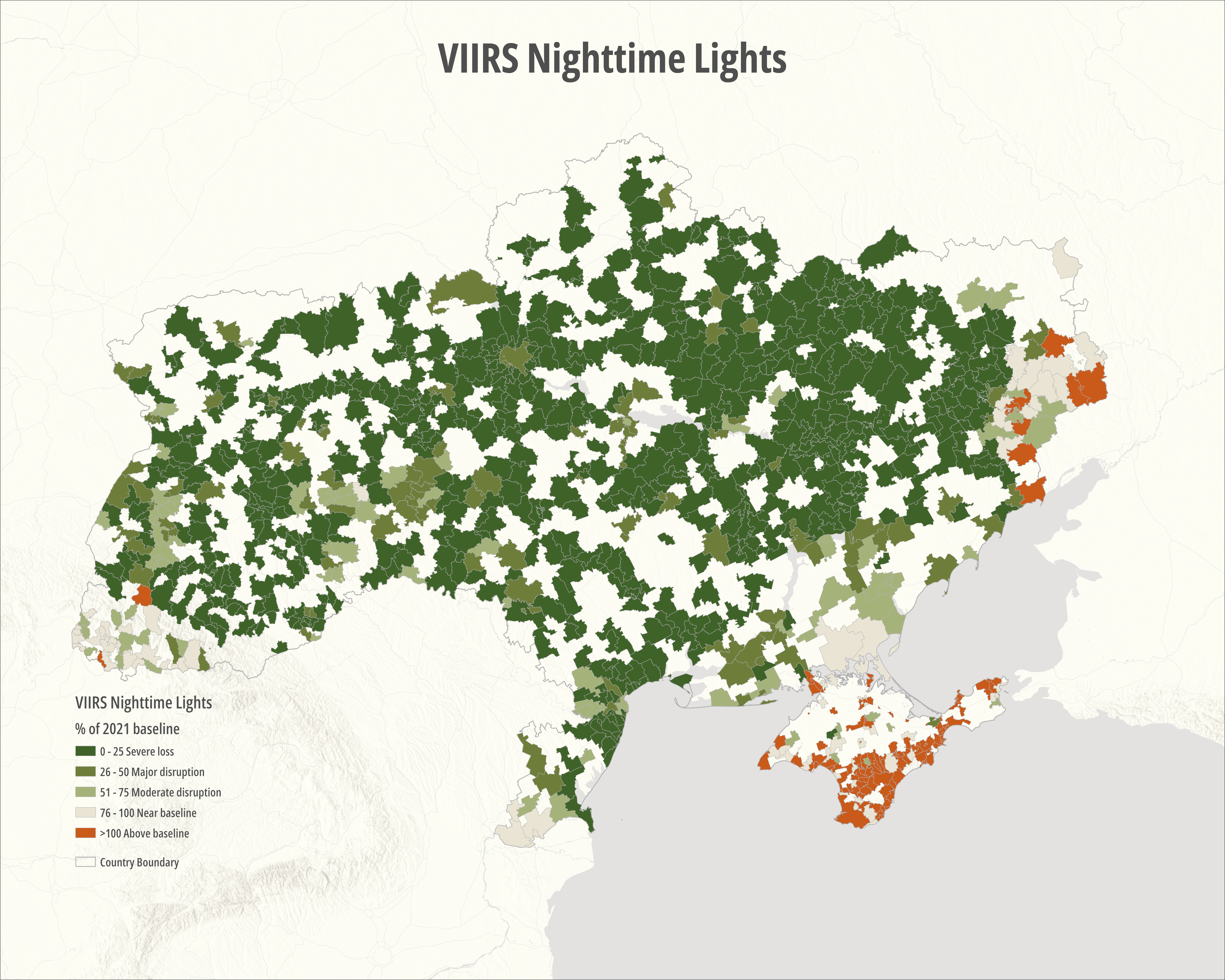 Fig 1 Percent-of-baseline nighttime radiance across Ukraine derived from the VIIRS VNP46A2 Black Marble dataset. The baseline surface represents the median nighttime radiance observed across all months of 2021 prior to the full-scale invasion. Post-invasion radiance values are normalized relative to this baseline to identify spatial patterns of infrastructure disruption and changes in electricity availability.