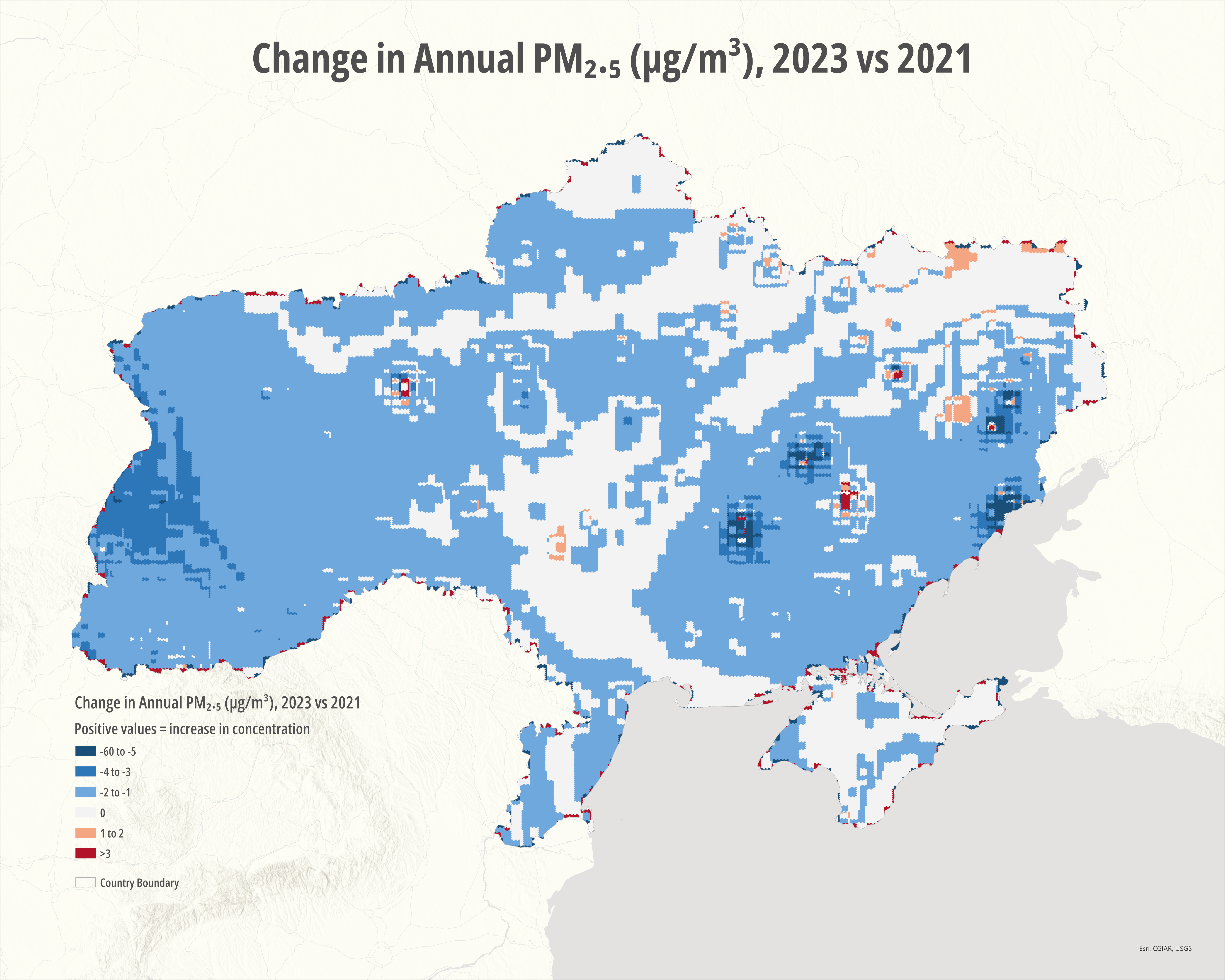Fig 4 Modeled PM₂.₅ concentrations across Ukraine derived from the Copernicus Atmosphere Monitoring Service (CAMS) atmospheric reanalysis dataset. The map illustrates regional variation in particulate matter concentrations, representing spatial patterns of air quality that may influence environmental and public health vulnerability.
