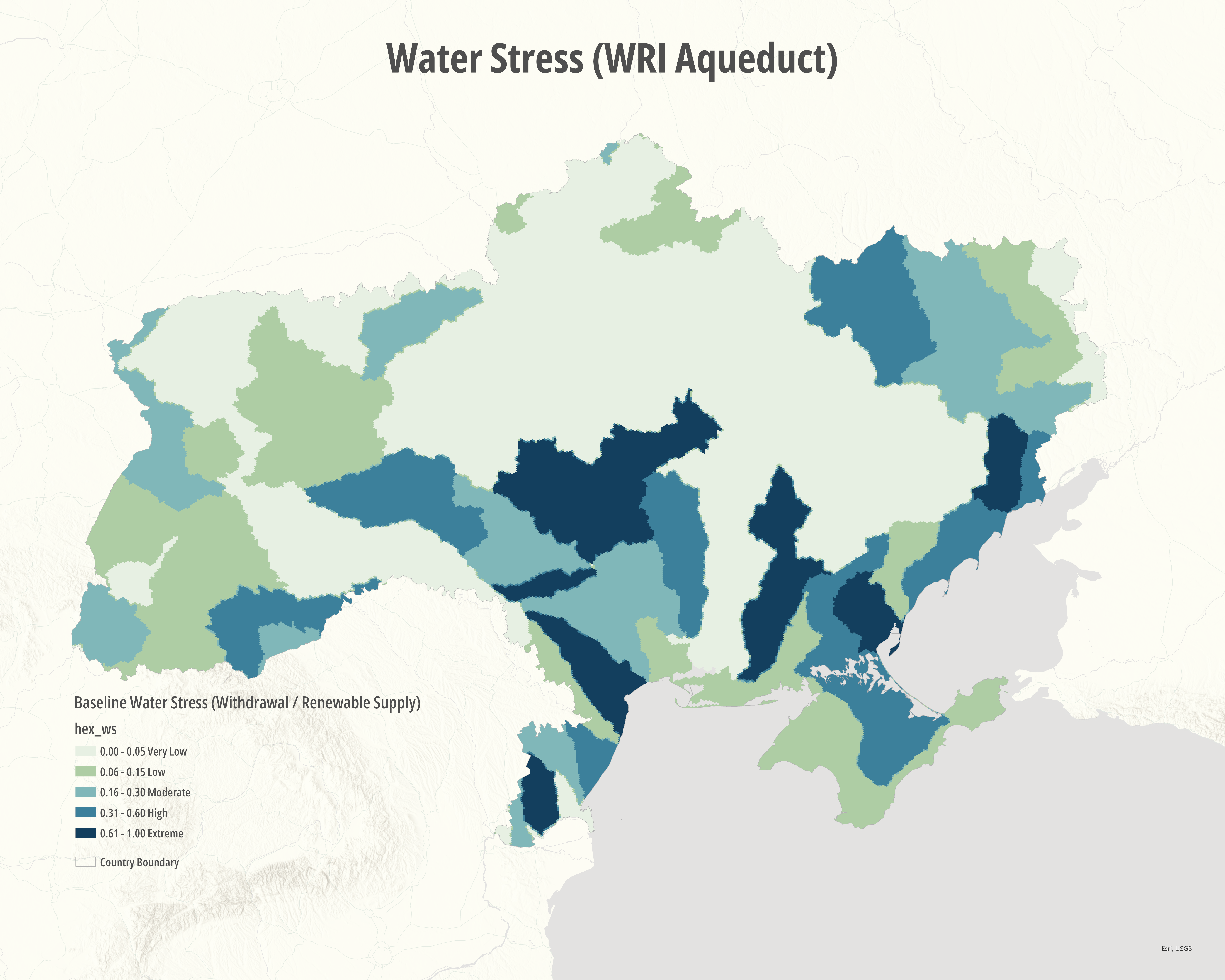 Fig 6 Baseline water stress across Ukraine derived from the Aqueduct global water risk dataset developed by the World Resources Institute. Water stress represents the ratio of total water withdrawals to available renewable water supply and provides contextual information regarding regional hydrological vulnerability.
