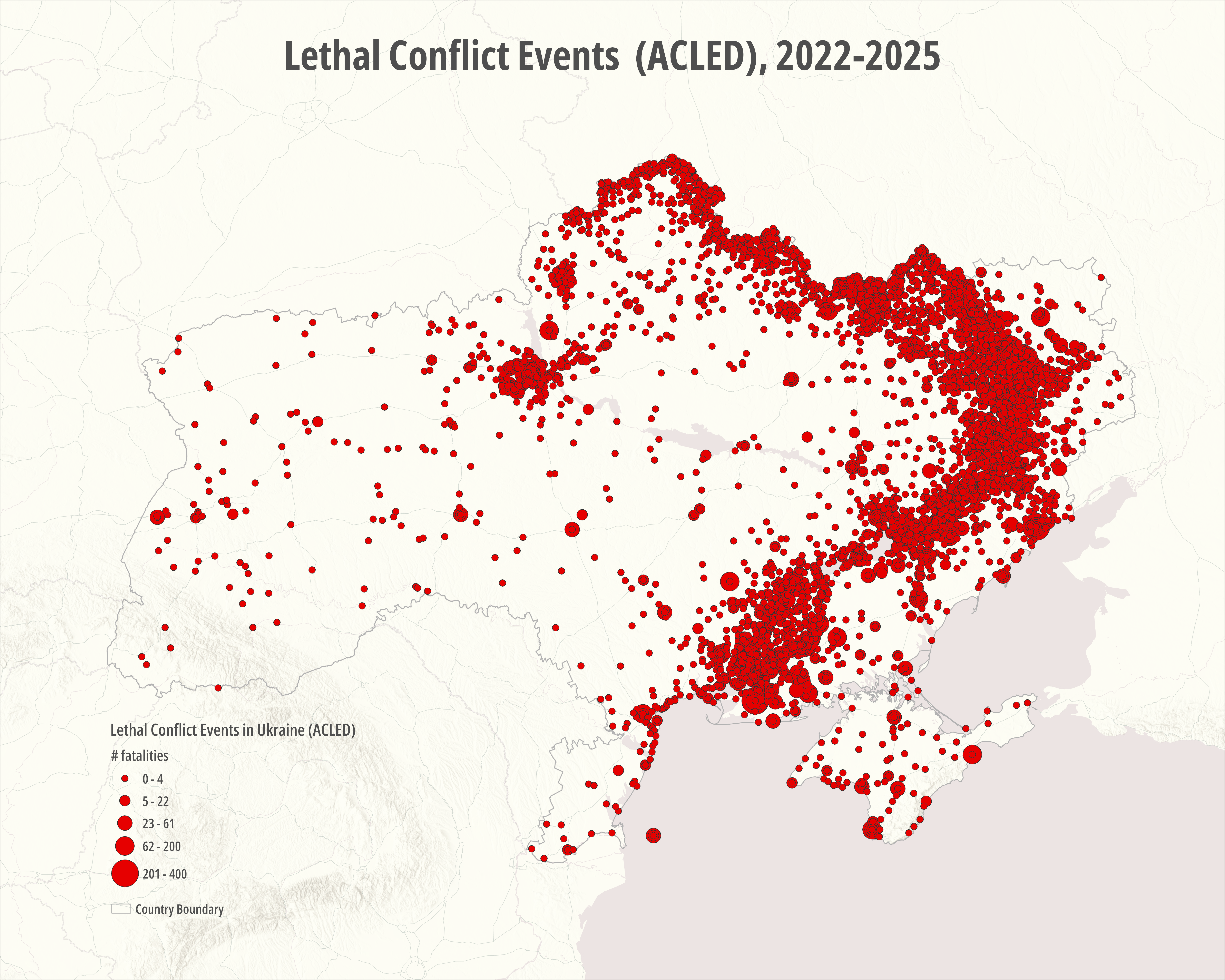 Fig 2 Spatial distribution of conflict events across Ukraine derived from the Armed Conflict Location and Event Data Project (ACLED). Events recorded between 2022 and 2024 were aggregated to a 5-km hexagonal spatial grid to illustrate geographic concentrations of violent conflict. Higher values indicate greater densities of recorded conflict events within each spatial cell.