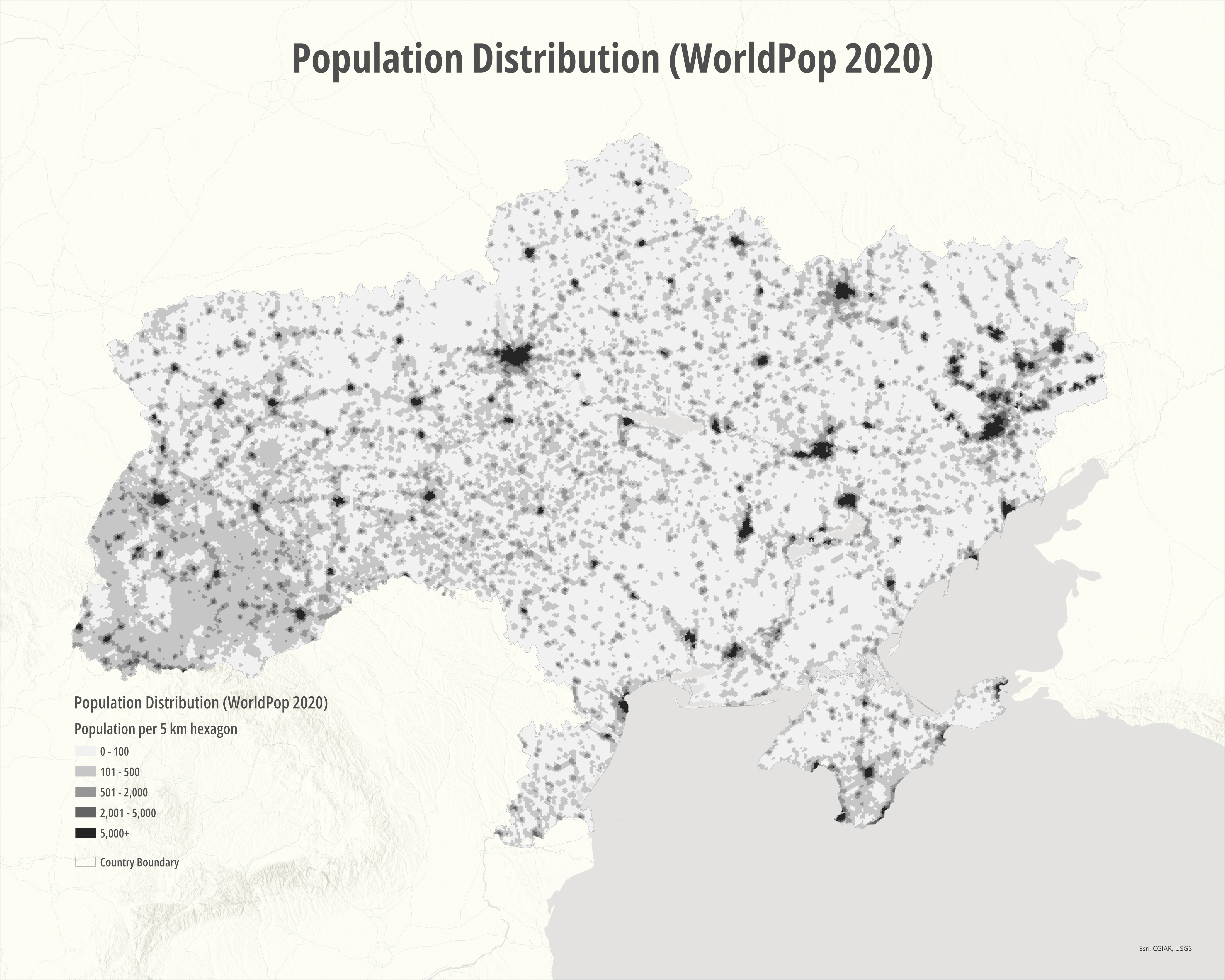 Fig 3 Gridded population distribution across Ukraine derived from the WorldPop population dataset and aggregated to the 5-km hexagonal spatial grid used in this analysis. The map illustrates the spatial distribution of civilian populations and highlights areas where large populations remain present in regions experiencing wartime infrastructure disruption.